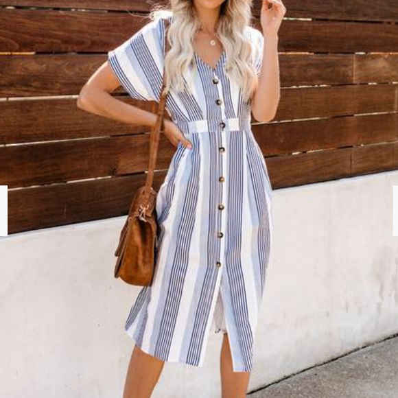Flying Tomato Dresses & Skirts - Stripped Button Down Midi Dress